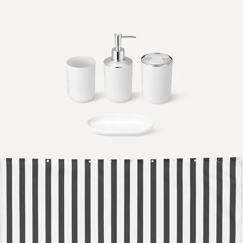 Amazon Basics ▫️ Conjunto de acessórios de casa de banho : cortina de duche com ganchos, tapete de casa de banho em espuma com memória, dispensador de sabonete, saboneteira, porta-escovas e copo, branco 3