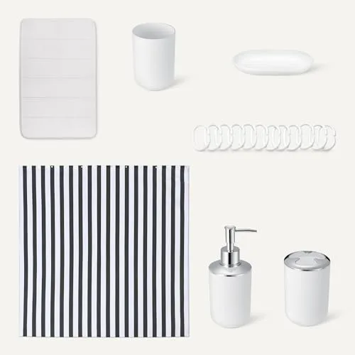 Amazon Basics ▫️ Conjunto de acessórios de casa de banho : cortina de duche com ganchos, tapete de casa de banho em espuma com memória, dispensador de sabonete, saboneteira, porta-escovas e copo, branco 5