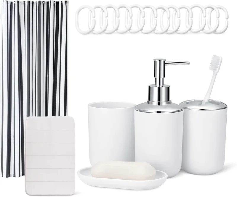 Amazon Basics ▫️ Conjunto de acessórios de casa de banho : cortina de duche com ganchos, tapete de casa de banho em espuma com memória, dispensador de sabonete, saboneteira, porta-escovas e copo, branco