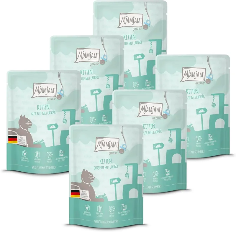 MjAMjAM ▫️ Ração húmida Premium para gatos - Quetschie - Kitten good turkey with salmon oil, embalagem de 6 unidades (6x300g), sem cereais