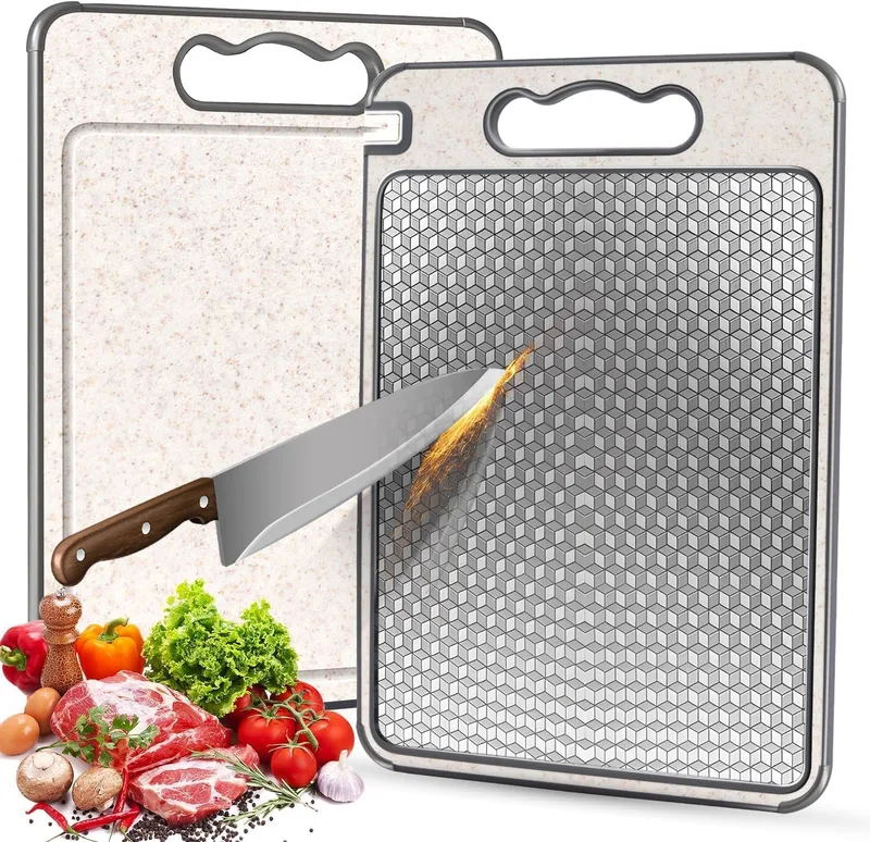 Dictien ▫️ Tábua de cortar em aço inoxidável, de dupla face, sem BPA, ideal para carne, pão, legumes e frutas, com ampla superfície de corte (36 x 25 cm), resistente e higiénica.