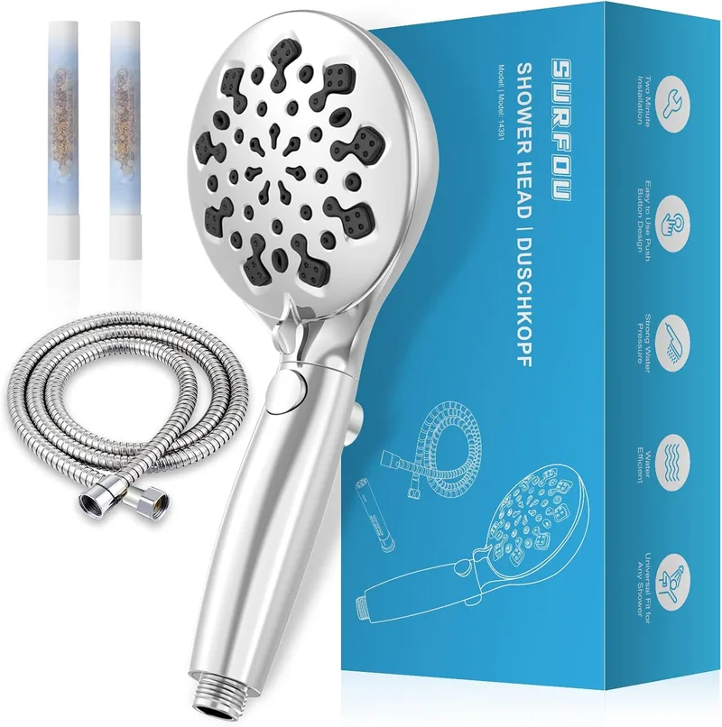 SURFOU ▫️ Chuveiro com 2 filtros, mangueira de chuveiro de 1,5 m, 10 tipos de cabeças de chuveiro de alta pressão, função multinível de poupança de água, ideal para banhos de água dura