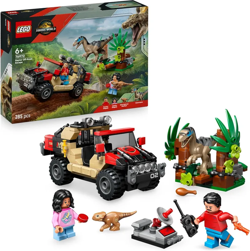 LEGO ▫️ Jurassic World: Fuga no Todo-o-terreno e o Raptor à Espreita - 2 Figuras de Dinossauros, Carro de Brincar e 2 Minifiguras - Presente para Crianças a partir dos 6 Anos e Fãs do Filme 76972