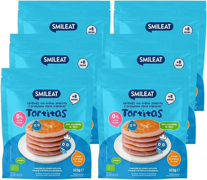 SMILEAT EAT & SMILE ▫️ Smileat - Embalagem de 6 panquecas integrais de aveia e mirtilos - com vitamina B1 - sem adição de açúcar - fáceis de fazer - para crianças a partir dos 8 meses - 125g