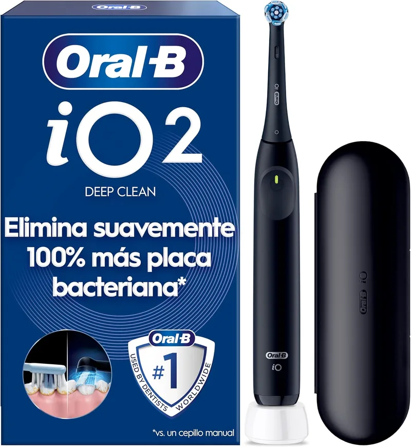 Oral-B ▫️ Escova de dentes eléctrica iO 2 Night Black, 1 cabeça de escova, 1 estojo de viagem, 3 modos de escovagem, sensor de pressão e temporizador, concebida pela Braun