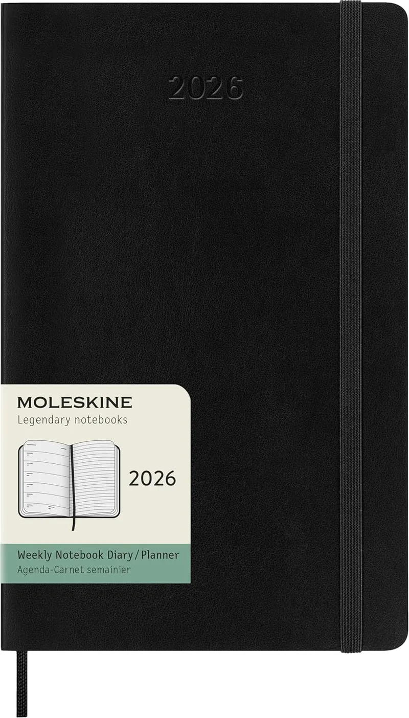 Moleskine ▫️ Agenda Semanal Agenda Semanal 2026 – 12 meses com espaço para notas, com capa mole e fecho elástico, formato grande 13 x 21 cm, cor preta
