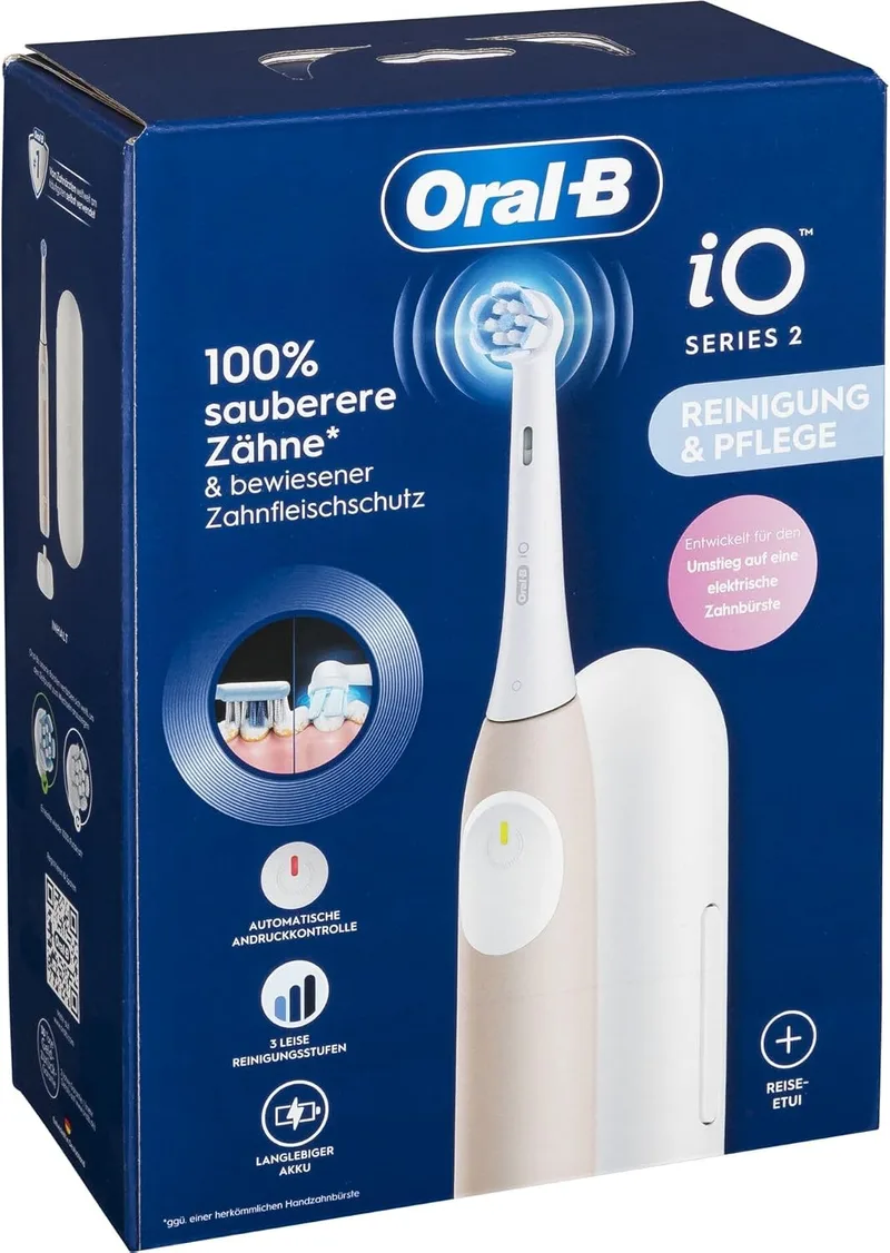 Oral-B ▫️ iO Series 2 - Escova de dentes elétrica, 1 escova, 3 modos de escovagem para cuidados dentários, tecnologia magnética, estojo de viagem, design em castanho e rosa suave