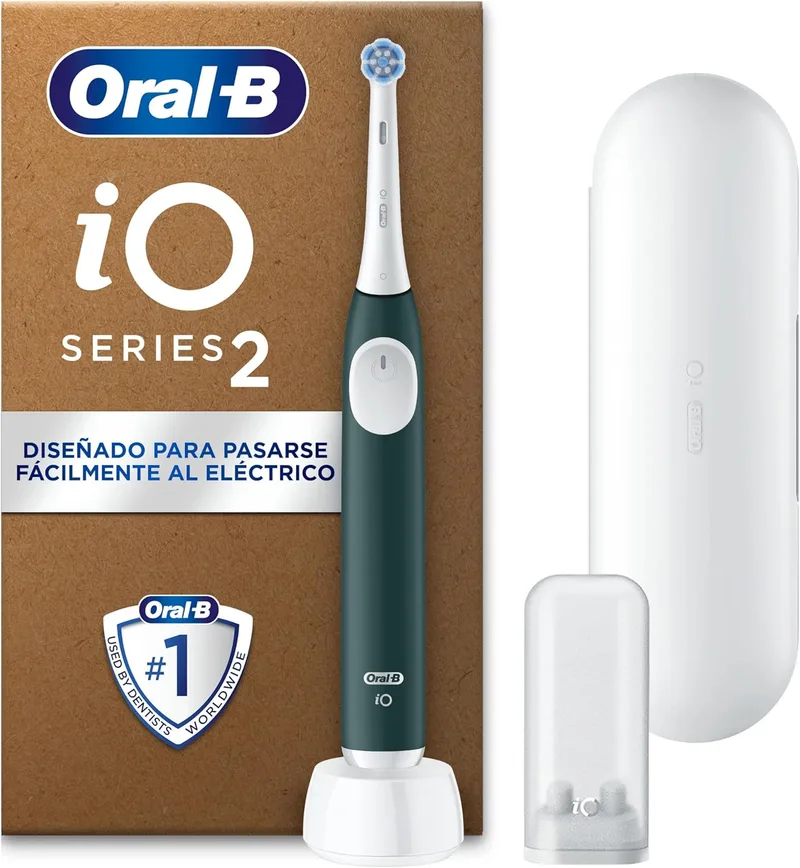 Oral-B ▫️ Escova de dentes eléctrica iO 2 Forest Green, 1 cabeça de escova, 1 estojo de viagem, 1 suporte de recarga de viagem, 3 modos de escovagem, sensor de pressão e temporizador, concebida pela Braun