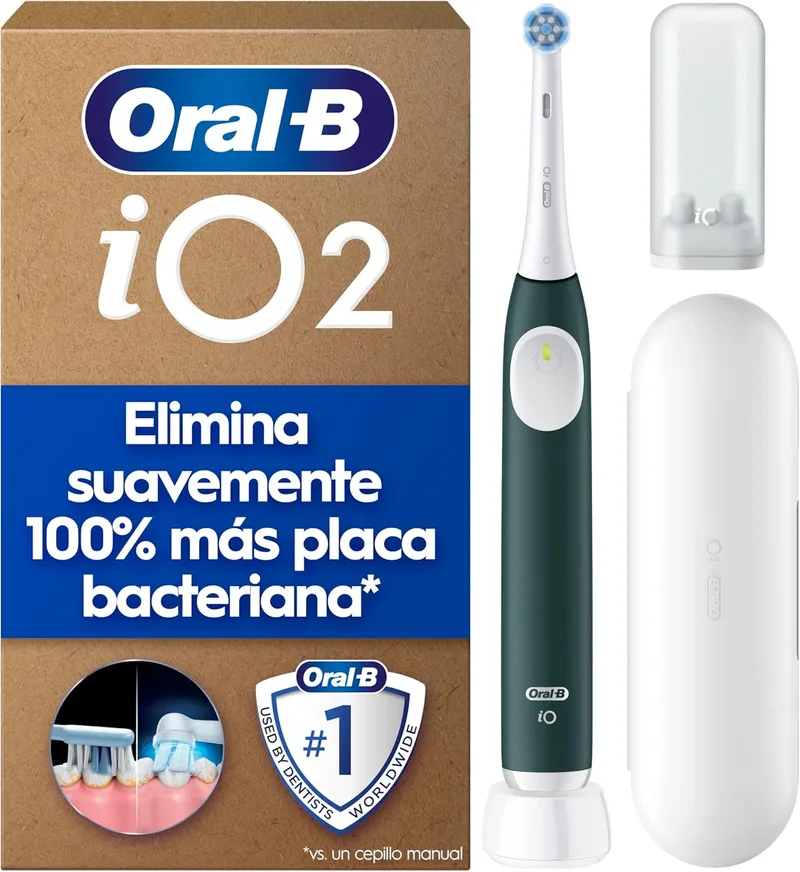 Oral-B ▫️ iO 2 Electric Toothbrush, 1 cabeça de escova, estojo de viagem, Forest Green - Escova de dentes com sensor de pressão, 3 modos de escovagem e temporizador, suporte de substituição para viagem,