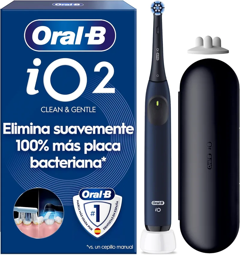 Oral-B ▫️ Escova de dentes elétrica iO 2, azul-marinho, 1 cabeça de escova, 1 estojo de viagem, 3 modos de escovagem, sensor de pressão e temporizador, concebida pela Braun, edição limitada
