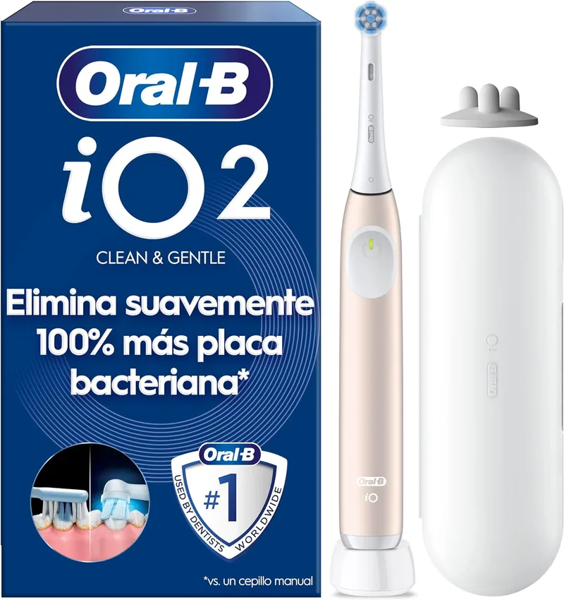 Oral-B ▫️ Escova de dentes eléctrica iO 2 Soft Pink, 1 cabeça de escova, 1 estojo de viagem, 1 suporte para recargas, 3 modos de escovagem, sensor de pressão e temporizador, concebida pela Braun