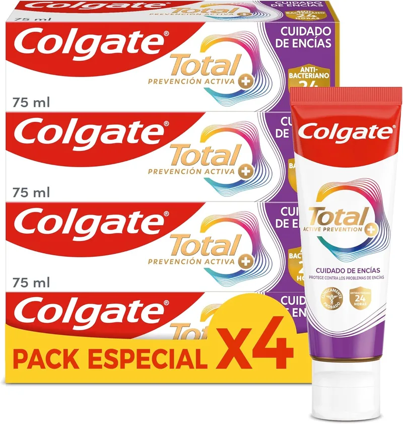 Colgate ▫️ Total Prevenção Ativa + Cuidado das Gengivas Pasta de dentes 4x75 ml | 3 vezes mais eficaz no combate à principal causa* dos problemas bucodentários mais comuns