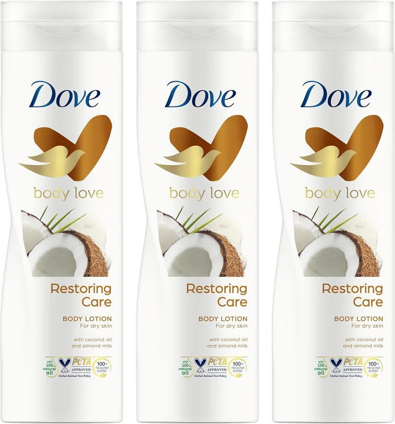 Dove ▫️ Body Love Cuidado Reparador Loção Hidratante Corporal, Pele Suave e Nutrida, Hidratação Intensa, Para Pele Seca, Com Óleo de Coco e Leite de Amêndoas, 3x 400 ml