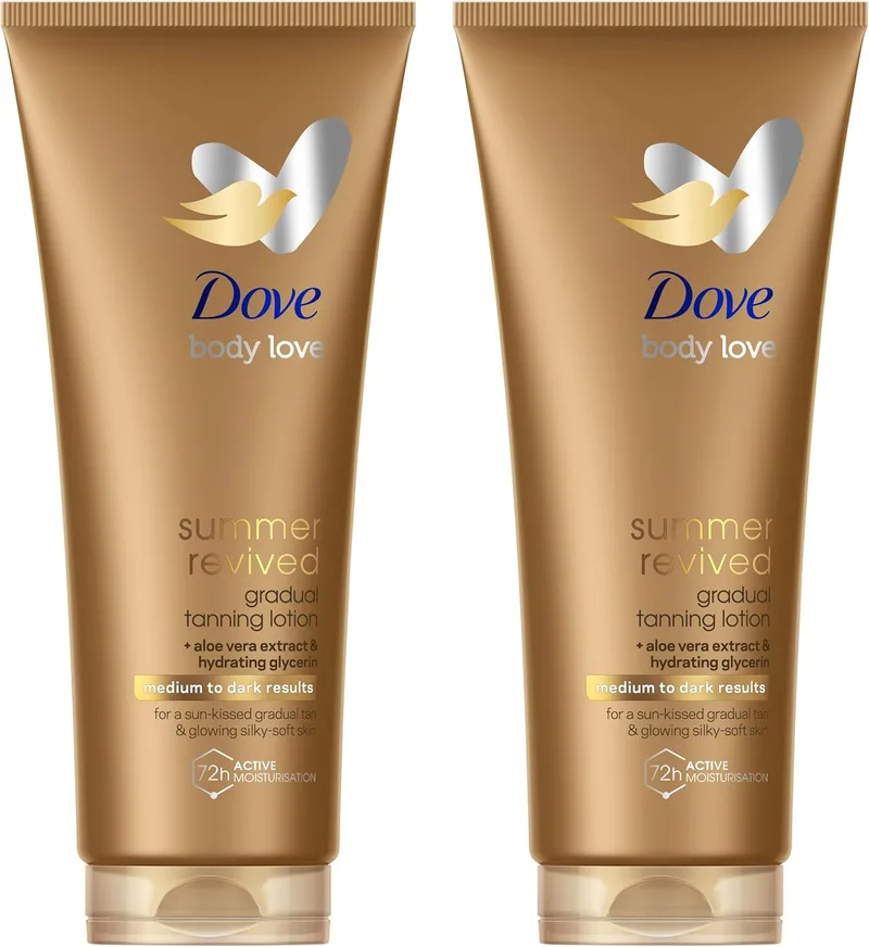 Dove ▫️ Summer Revived Loção Autobronzeadora para o Corpo, Pele Clara e Média, Bronzeado Gradual, Acabamento Natural, Pele Brilhante, Hidratação 72H, Com Extrato de Aloé Vera e Glicerina, 2x 200ml