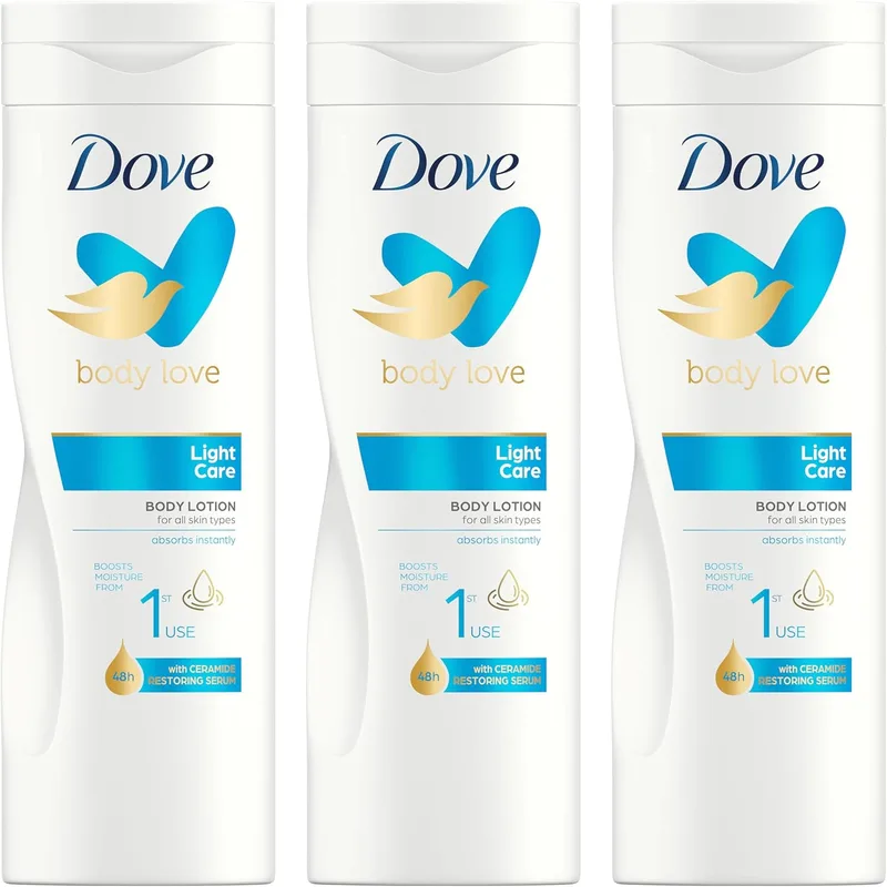 Dove ▫️ Embalagem com 3 unidades -Body Love Light Care Loção Hidratante Corporal, Para Todos os Tipos de Pele, Hidratação 48H, Pele Suave e Aveludada, Com Serum Restaurador de Ceramidas, 400ml
