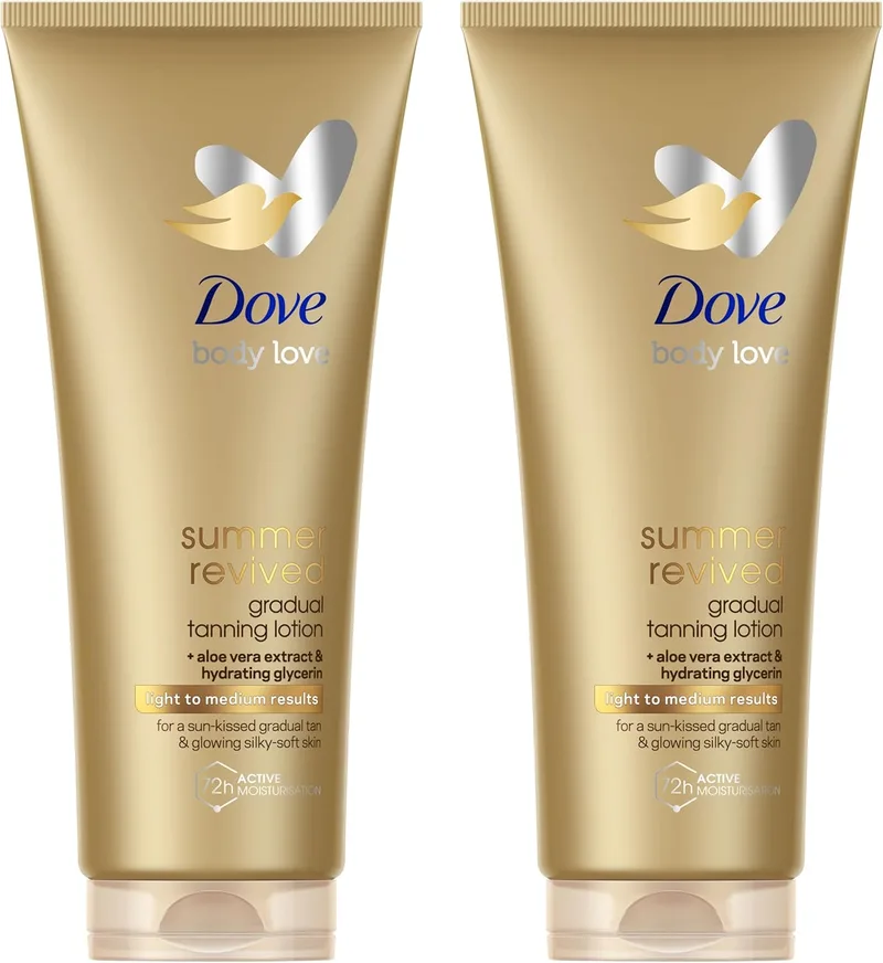Dove ▫️ Summer Revived Loção Autobronzeadora para o Corpo, Pele Média e Morena, Bronzeado Gradual, Acabamento Natural, Pele Brilhante, Hidratação 72H, Com Extrato de Aloé Vera e Glicerina, 2x 200ml