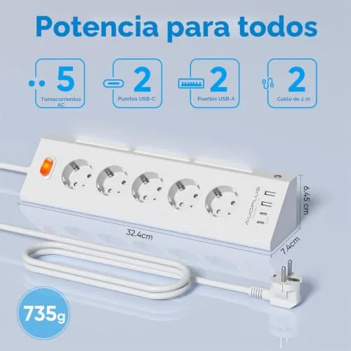 AUOPLUS ▫️ Multitomas com USB, com 5 tomadas elétricas e 4 portas USB 2