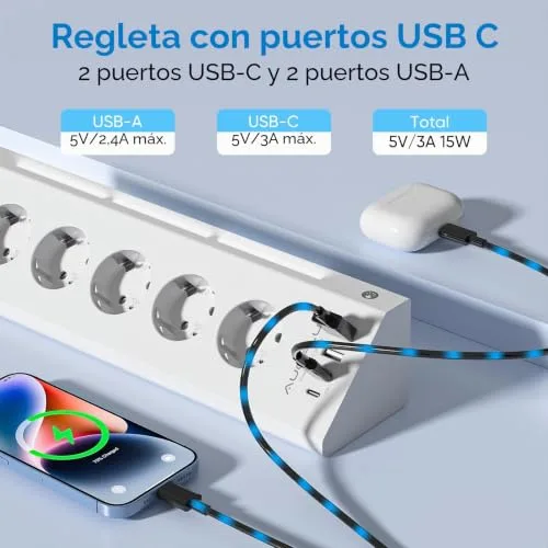AUOPLUS ▫️ Multitomas com USB, com 5 tomadas elétricas e 4 portas USB 5