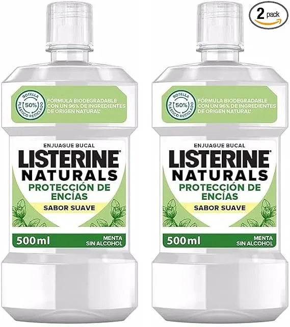 Listerine ▫️ Naturals (1 x 500 ml), elixir bucal com sabor a menta, sem álcool, protetor das gengivas, elixir bucal com fórmula biodegradável e ingredientes naturais (Embalagem de 2)