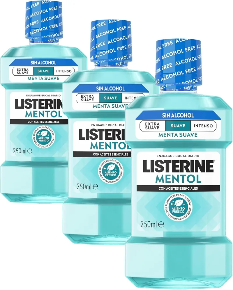Listerine ▫️ Mentol (1 x 250 ml), elixir bucal com flúor, elixir bucal com 24 horas de proteção, elixir bucal com mentol para um hálito fresco duradouro (Embalagem de 3)
