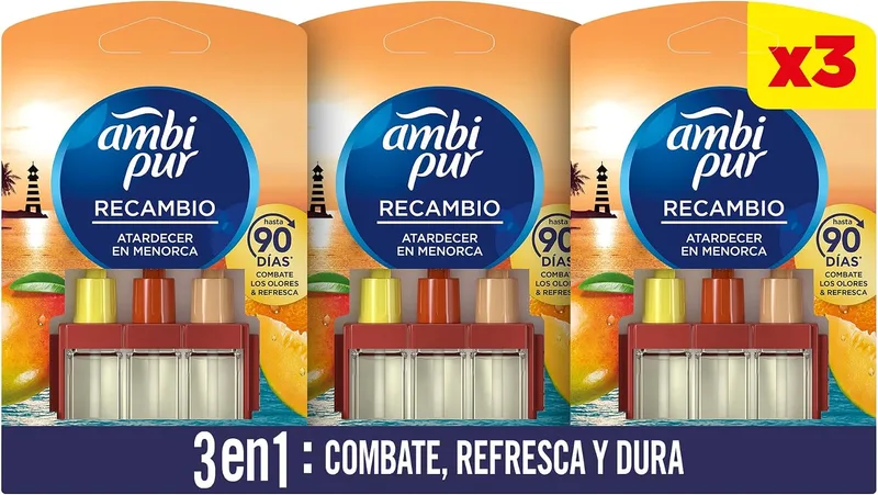 AMBI-PUR ▫️ AMBIPUR 3Volution Pôr-do-sol em Menorca - Recarga para difusor elétrico de 20 ml, 3 aromas que se alternam para combater os odores - Transparente (Embalagem de 3)