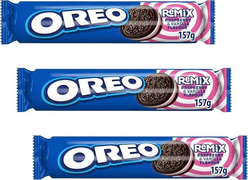 Mondelez International ▫️ Oreo Remix Bolachas de Cacau Recheadas com Creme com Sabor a Framboesa e Baunilha 157 g (Embalagem de 3)