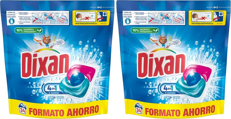 Dixan ▫️ Trio Caps 4+1 Total, Detergente em cápsulas para máquina de lavar roupa (34 lavagens), detergente para roupa branca e clara, limpeza, brilho e frescura num único detergente (Embalagem de 2)