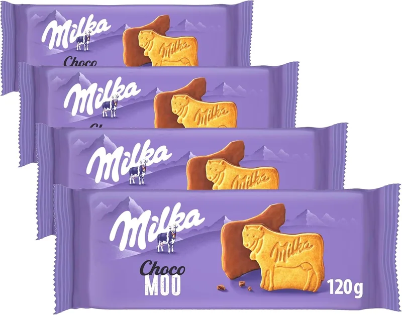 Milka ▫️ Bolachas Choco Moo em forma de vaca, cobertas com chocolate de leite dos Alpes, 120 g (embalagem de 4)