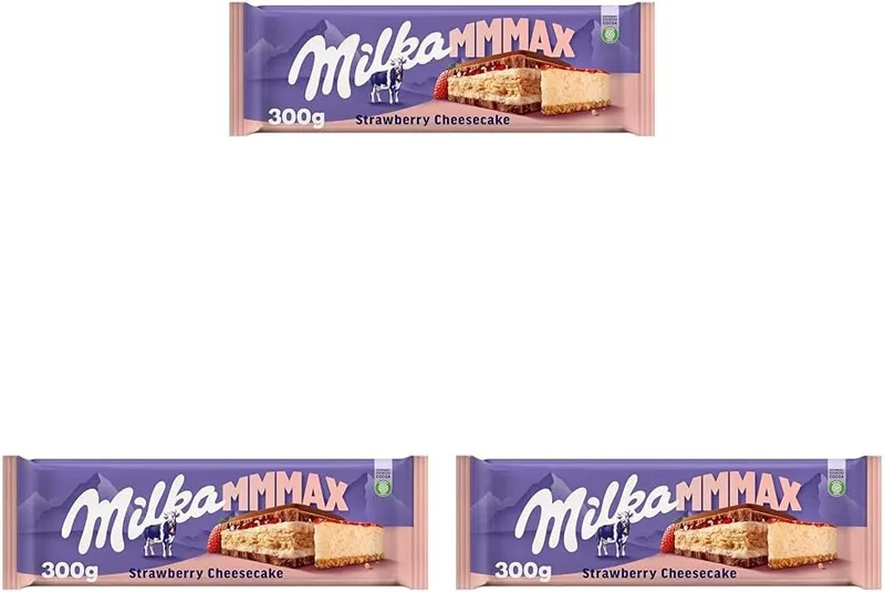Milka ▫️ MMMAX Tablete Grande de Chocolate de Leite Alpino com Recheio de Bolacha Cheesecake de Morango 300g (Embalagem de 3)