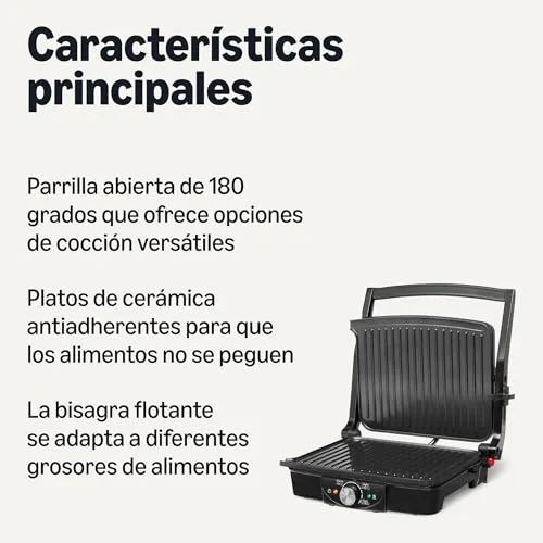 Amazon Basics ▫️ Grelhador elétrico de contacto com controlo de temperatura, placas antiaderentes, 2000 W, preto 2