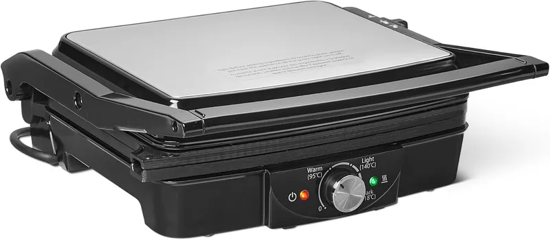 Amazon Basics ▫️ Grelhador elétrico de contacto com controlo de temperatura, placas antiaderentes, 2000 W, preto