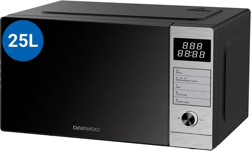 Daewoo ▫️ MD-FP251GS-EU Micro-ondas, com grelhador de quartzo, 25 litros de capacidade, 850 W de potência, 8 programas, 5 níveis de potência, painel digital, aço inoxidável