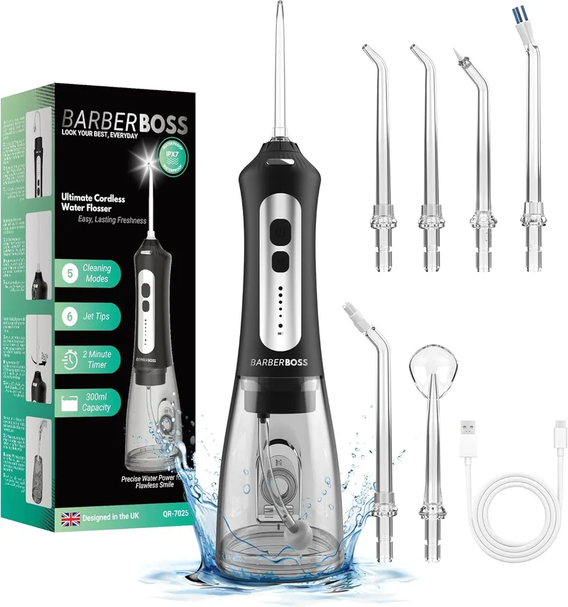 BARBERBOSS ▫️ Irrigador oral Removedor de placa bacteriana, Kit de limpeza de dentes, Irrigador oral sem fios para a saúde das gengivas, Irrigador oral elétrico, QR-7025 (preto)