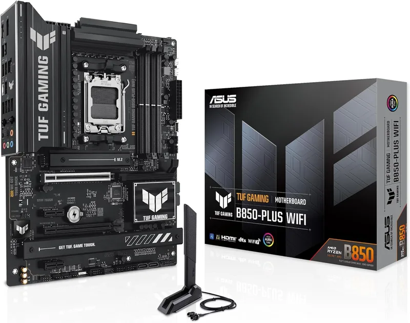 ASUS ▫️ TUF GAMING B850-PLUS WIFI - Placa-mãe AMD ATX, 14+2+1 DrMOS 80A Power Stages, DDR5, PCIe 5.0, 3 ranhuras M.2, WiFi 7, Realtek 2.5Gb Ethernet, DisplayPort, HDMI, USB 20Gbps Type-C, Aura Sync