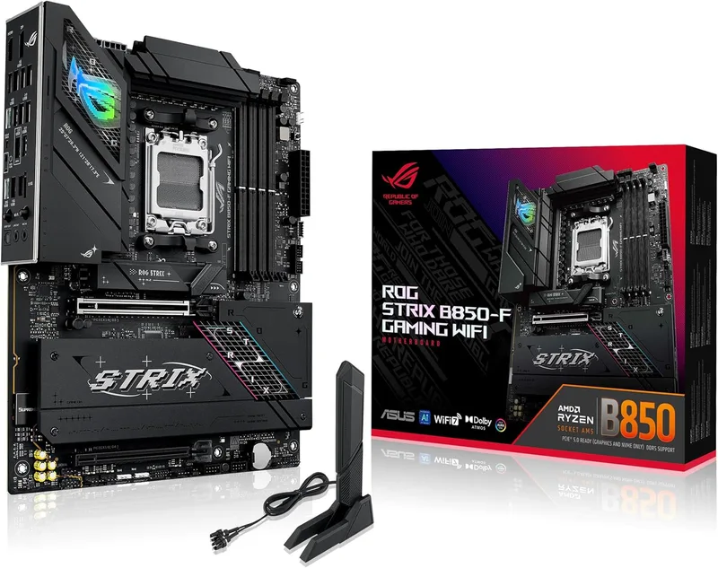 ASUS ▫️ ROG Strix B850-F Gaming WiFi - Placa-mãe AMD, 16+2+2 Power Stages, DDR5, Quatro ranhuras M.2, PCIe 5.0, 19 portas USB, USB Type-C 20 Gbps e Aura Sync RGB