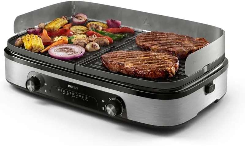 PHILIPS ▫️ Grelhador Série 5000 – Superfície ampla, placas reversíveis, zonas duplas de cozedura, temperatura regulável, 2400 W, antiaderente, lavável na máquina de lavar louça (HD6222/95)