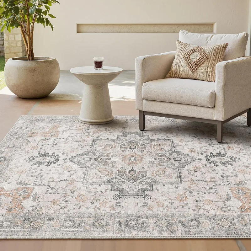 GENIMO ▫️ Tapete de Sala Vintage, Tapetes de Área Laváveis na Máquina, Tapetes com Base Antiderrapante, Tapete de Quarto de Pêlo Curto para Cozinha, Sala de Jantar, Castanho Claro Taupe, 160 x 230 cm