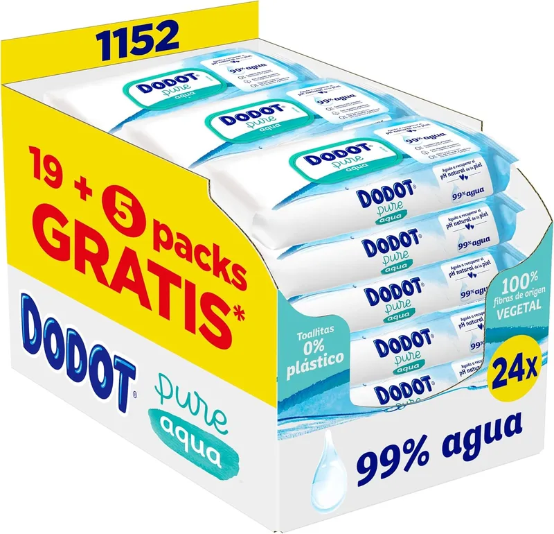 DODOT ▫️ Toalhitas Pure Aqua para bebés, 1152 toalhitas (24 embalagens de 48 unidades), ajudam a restaurar o pH natural da pele, 99% de água, sem plástico