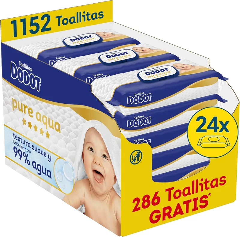 DODOT ▫️ Toalhitas Pure Aqua para bebé, 1152 toalhitas (24 embalagens x 48 unidades)