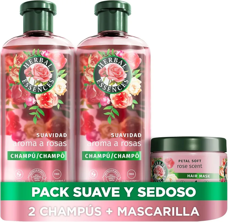 Herbal Essences ▫️ Champô Aroma a Rosas 2x350 ml + Máscara 500 ml. Ajuda a suavizar e hidratar o cabelo seco. Com essência de rosas. De origem natural*