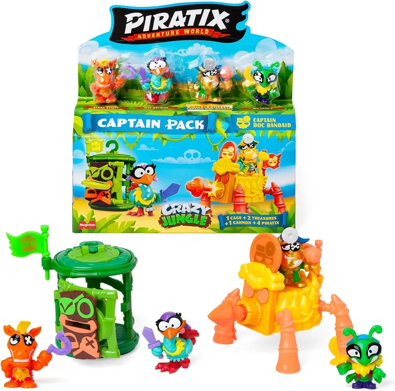 PIRATIX ADVENTURE WORLD ▫️ Crazy Jungle Series, Captain Pack Doc Bandaid - Inclui 4 Piratix, 1 Capitão Dourado, 4 Acessórios Neon, 1 Gaiola, 1 Canhão, 2 Tesouros exclusivos e 2 Bandeiras Neon. Pacote 6/6