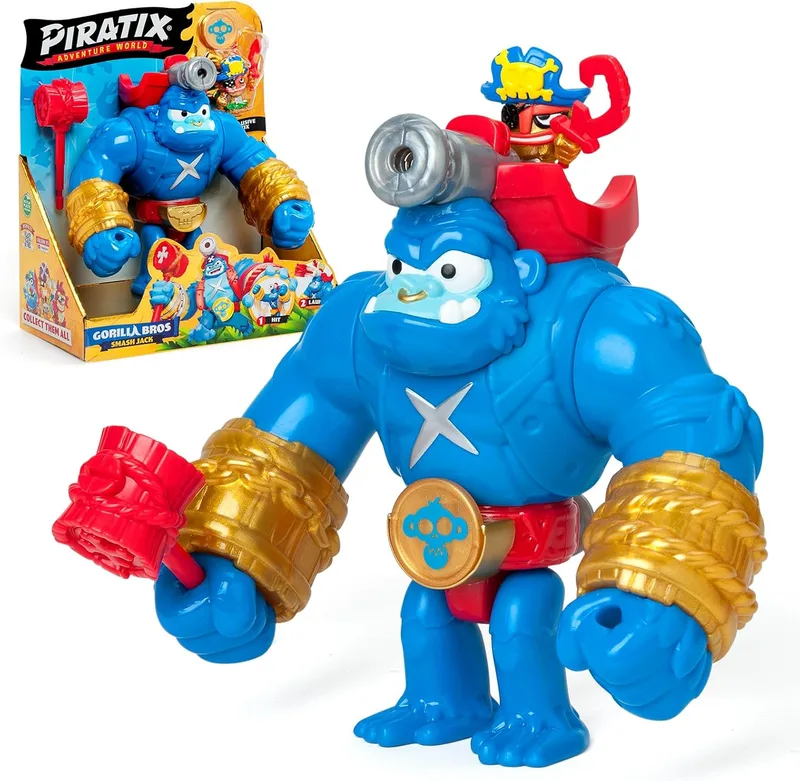 PIRATIX ADVENTURE WORLD ▫️ PIRATIX Smash Jack - Gorila articulado, que esmaga verticalmente e tem um gatilho. Inclui 1 Gorila, 1 Piratix exclusivo, 1 Tesouro exclusivo e 1 projétil.