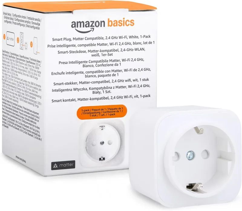 Amazon Basics ▫️ Ficha inteligente compatível com Matter, Amazon Alexa, Google Home e Apple HomeKit, é necessário um hub Matter, 2,4 GHz, apenas Wi-Fi, branco, Embalagem de 1