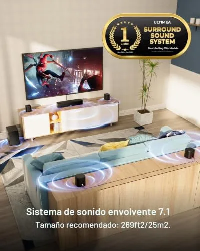ULTIMEA ▫️ Barra de Som de 7.1 canais para TV, Sistema de Som Surround para Cinema em Casa, 4 altifalantes surround, subwoofer de 4", controlo por aplicação, equalizador ajustável, Bluetooth 5.3, Aura A40 2