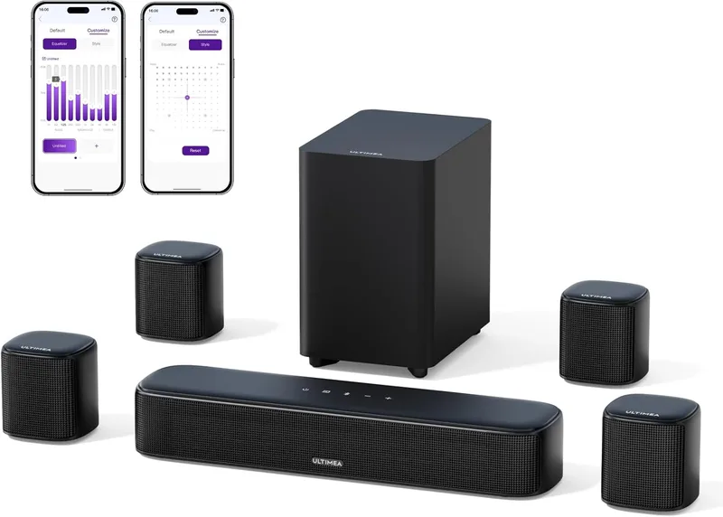 ULTIMEA ▫️ Barra de Som de 7.1 canais para TV, Sistema de Som Surround para Cinema em Casa, 4 altifalantes surround, subwoofer de 4", controlo por aplicação, equalizador ajustável, Bluetooth 5.3, Aura A40