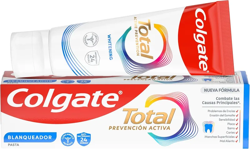 Colgate ▫️ Pasta de dentes Total Prevenção Ativa Branqueadora 75 ml | Combate as principais causas dos problemas de saúde oral | 24 horas de proteção antibacteriana | Tecnologia patenteada.
