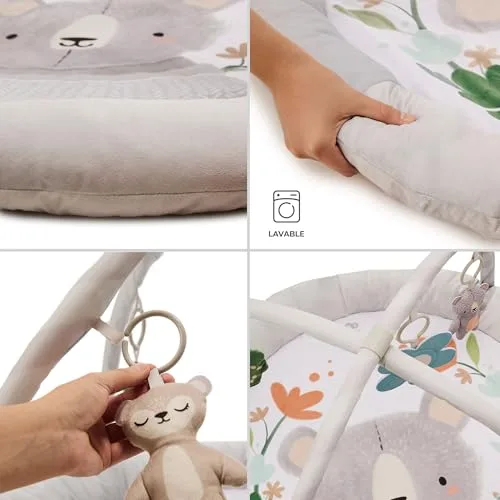 Kinderkraft ▫️ COZYPLAY Ginásio para bebé, Tapete infantil, Tapete de pelúcia com brinquedos, Brinquedos estimulantes, 2 arcos macios, Lavável na máquina, Cinzento 5