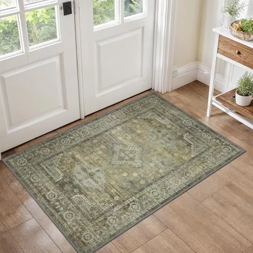 GENIMO ▫️ Tapete de sala com pêlo curto, tapete de cozinha lavável e antiderrapante, tapete para o corredor de entrada da casa, quarto, tapete para cadeira de secretária, estilo boho, 60 x 90 cm 2