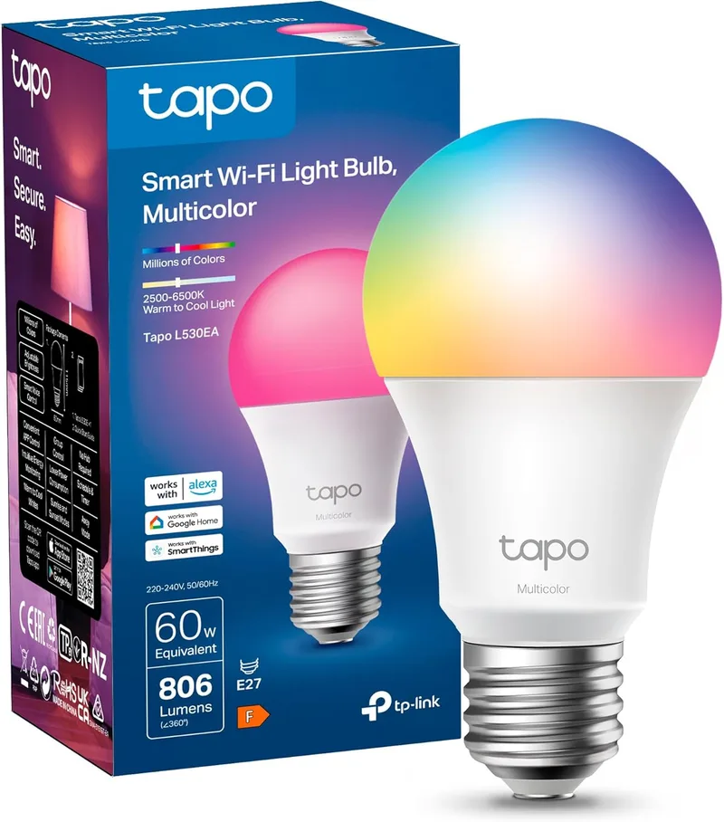 Tapo ▫️ L530EA – Lâmpada inteligente Wi-Fi, 8,7 W, 806 lm, poupança de energia, E27 | Intensidade regulável. 16 milhões de cores. Programação horária e temporizador. Não requer hub. Modo «Ausente». Controlo por voz (Alexa/Google) e aplicação