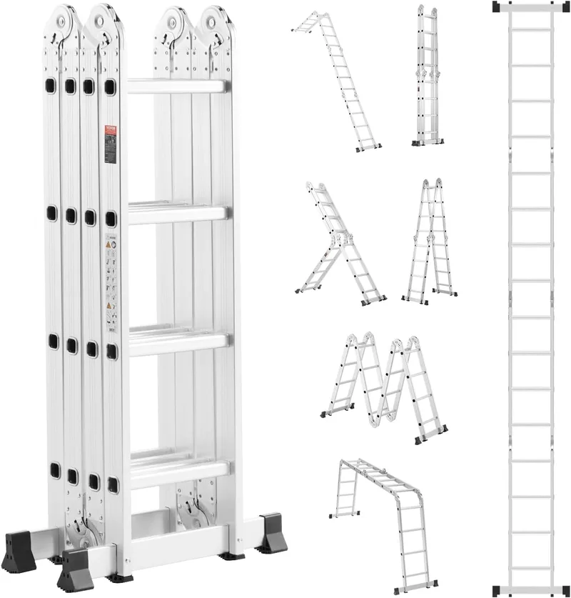 VEVOR ▫️ Escada dobrável multifuncional escada de extensão alta 7 em 1, 4 degraus com estrutura em A, altura de alcance de 4,7 m, capacidade de 149,7 kg para uso doméstico e externo, 1560 x 608 x 2215 mm